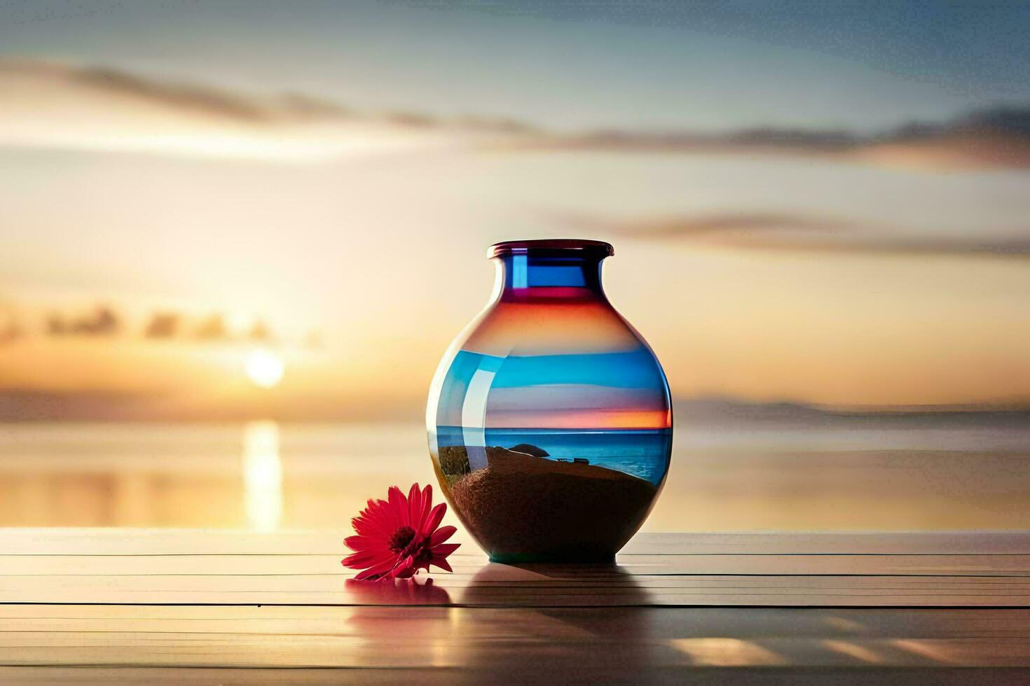 a vase with a flower on the table in front of the sunset. AI-Generated photo