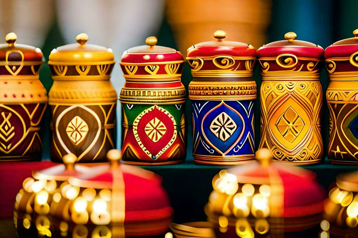 colorful decorative jars are lined up on a table. AI-Generated photo