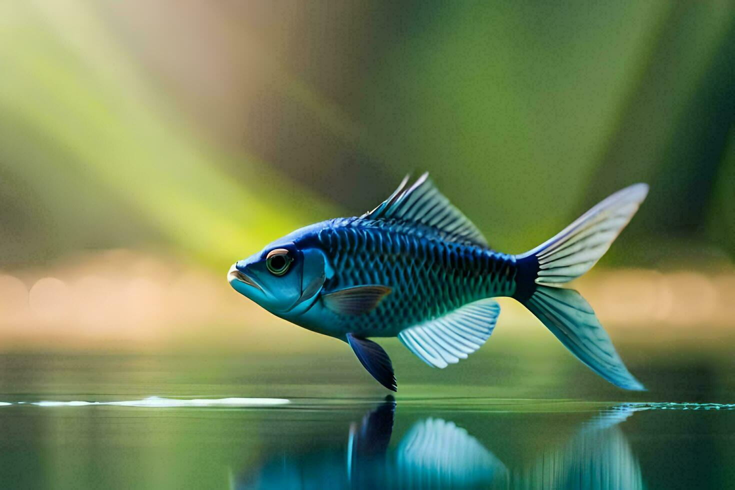 un pescado es en pie en el agua con un verde antecedentes. generado por ai foto