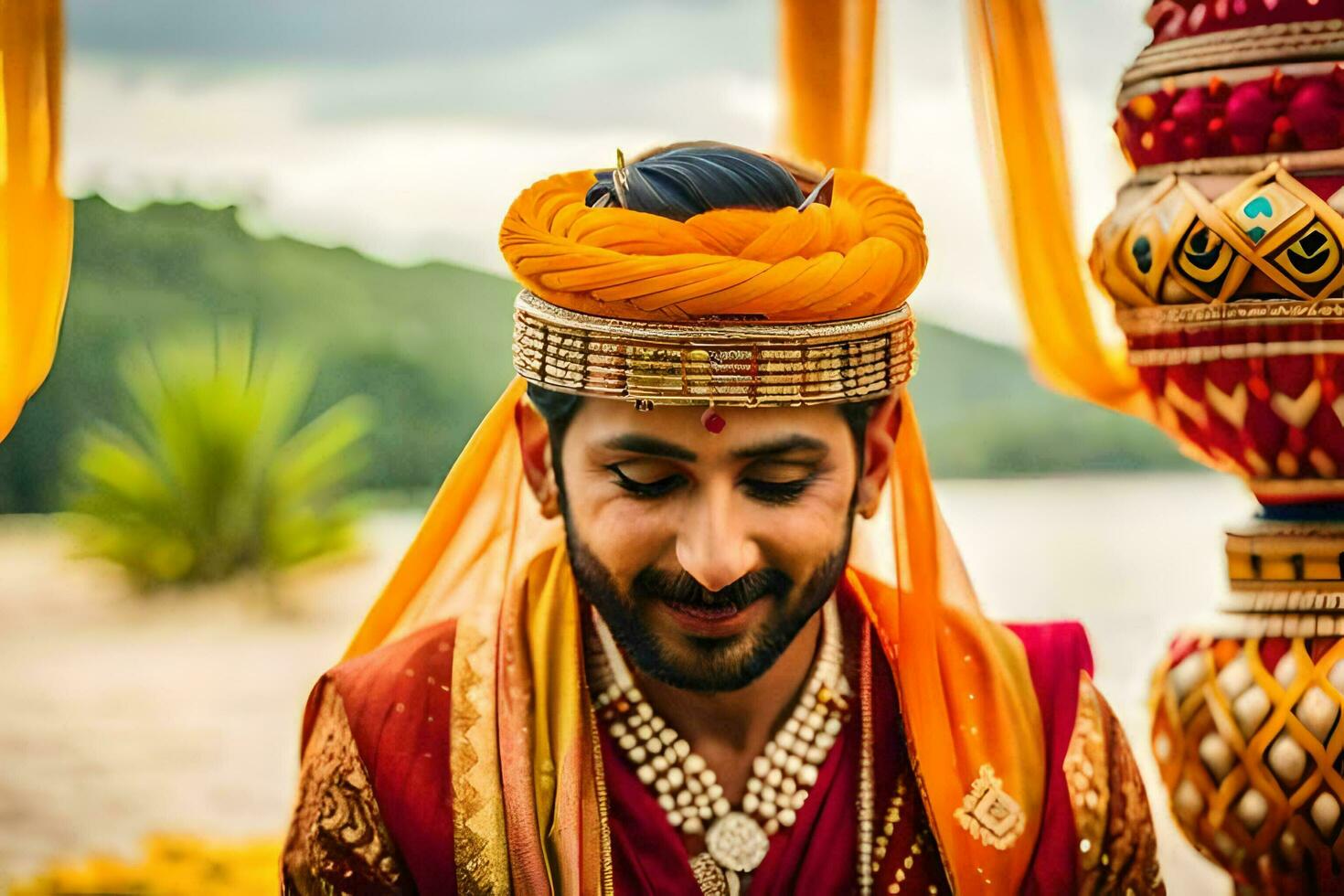 a man in an indian wedding outfit smiles while posing for the camera. AI-Generated photo