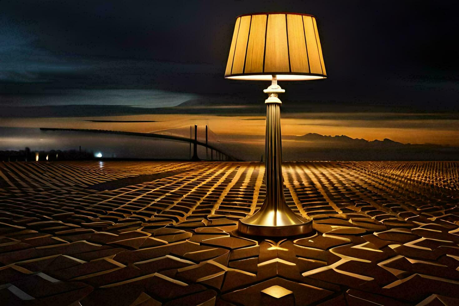 a lamp on a brick floor with a bridge in the background. AI-Generated photo