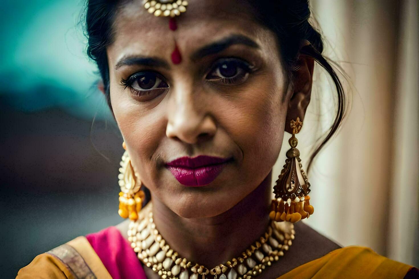 a woman wearing a traditional sari and jewelry. AI-Generated photo