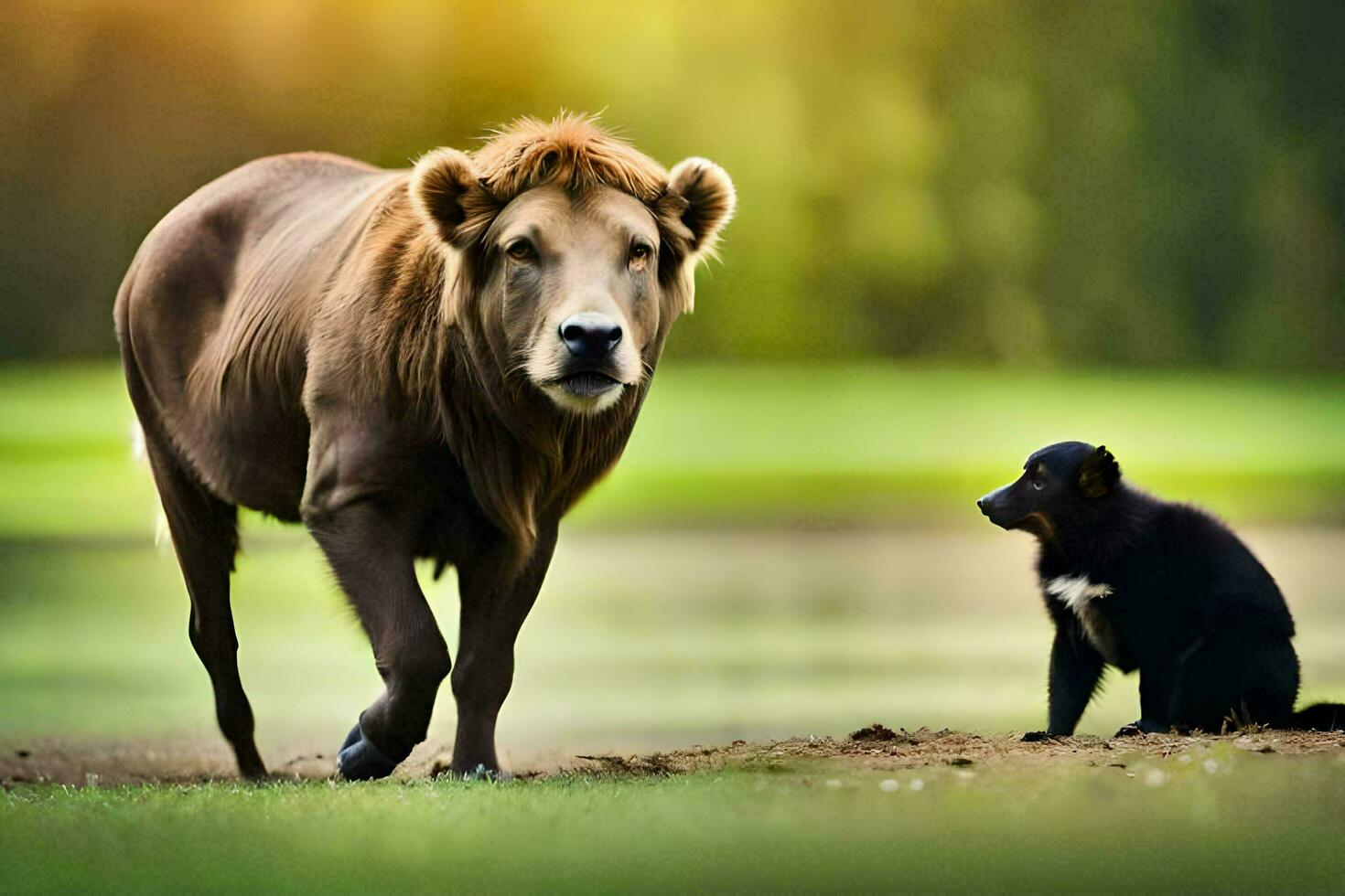 un león y un perro en pie siguiente a cada otro. generado por ai foto