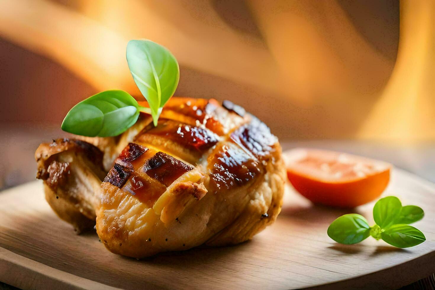grilled chicken on a wooden cutting board. AI-Generated photo