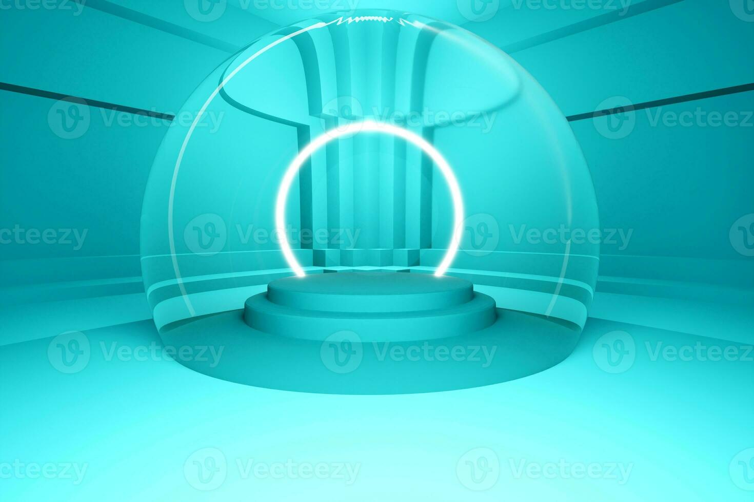 3D rendering of a mint green product display stand in an empty mint colored room. photo