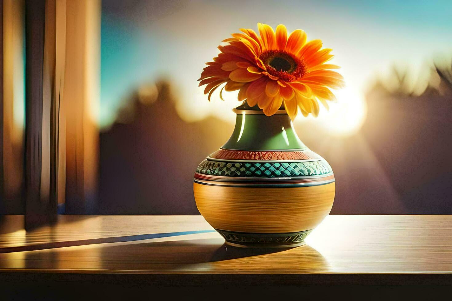 a vase with a flower sitting on a table in front of a window. AI-Generated photo