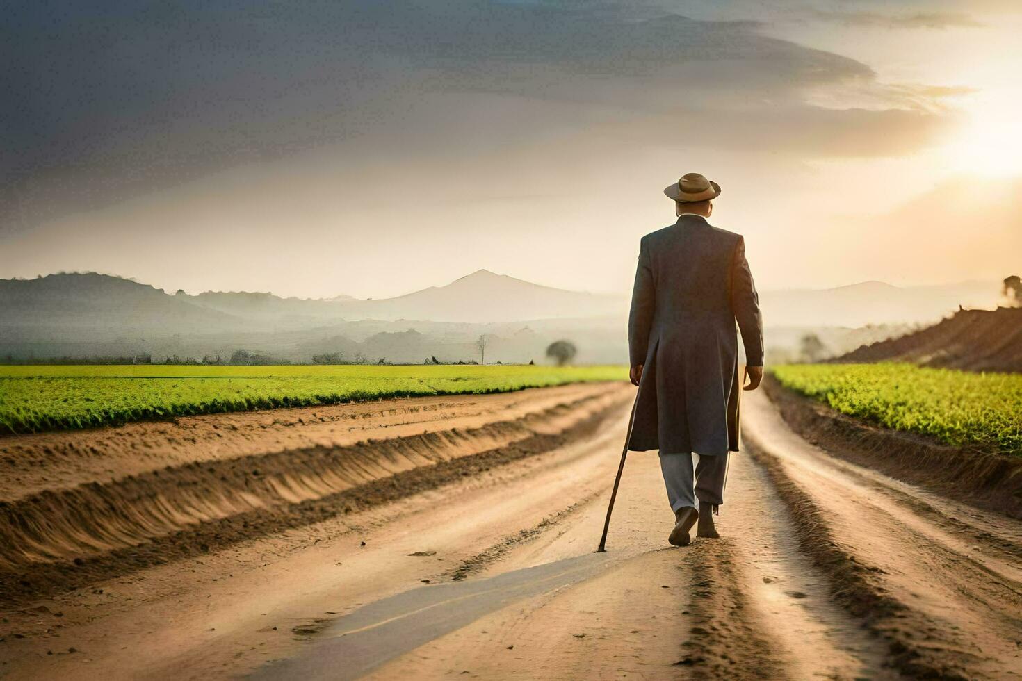 a man in a hat and coat walking down a dirt road. AI-Generated photo