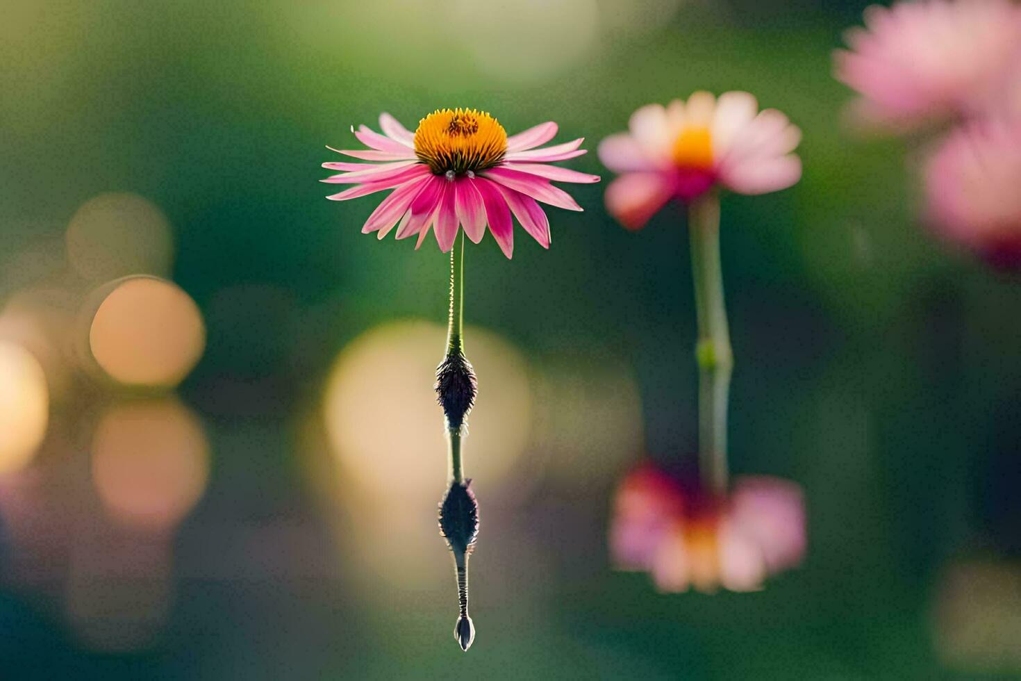two pink flowers are floating in the water. AI-Generated photo