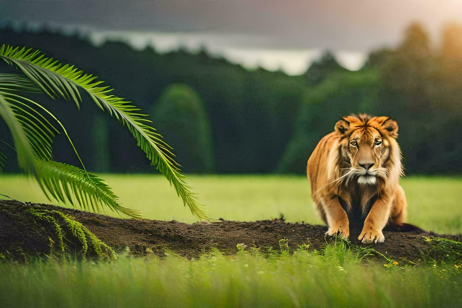 un Tigre caminando en un herboso campo. generado por ai foto