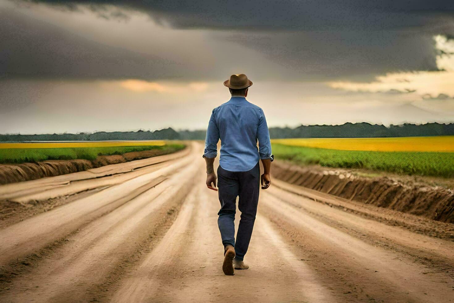a man walking down a dirt road in front of a field. AI-Generated photo
