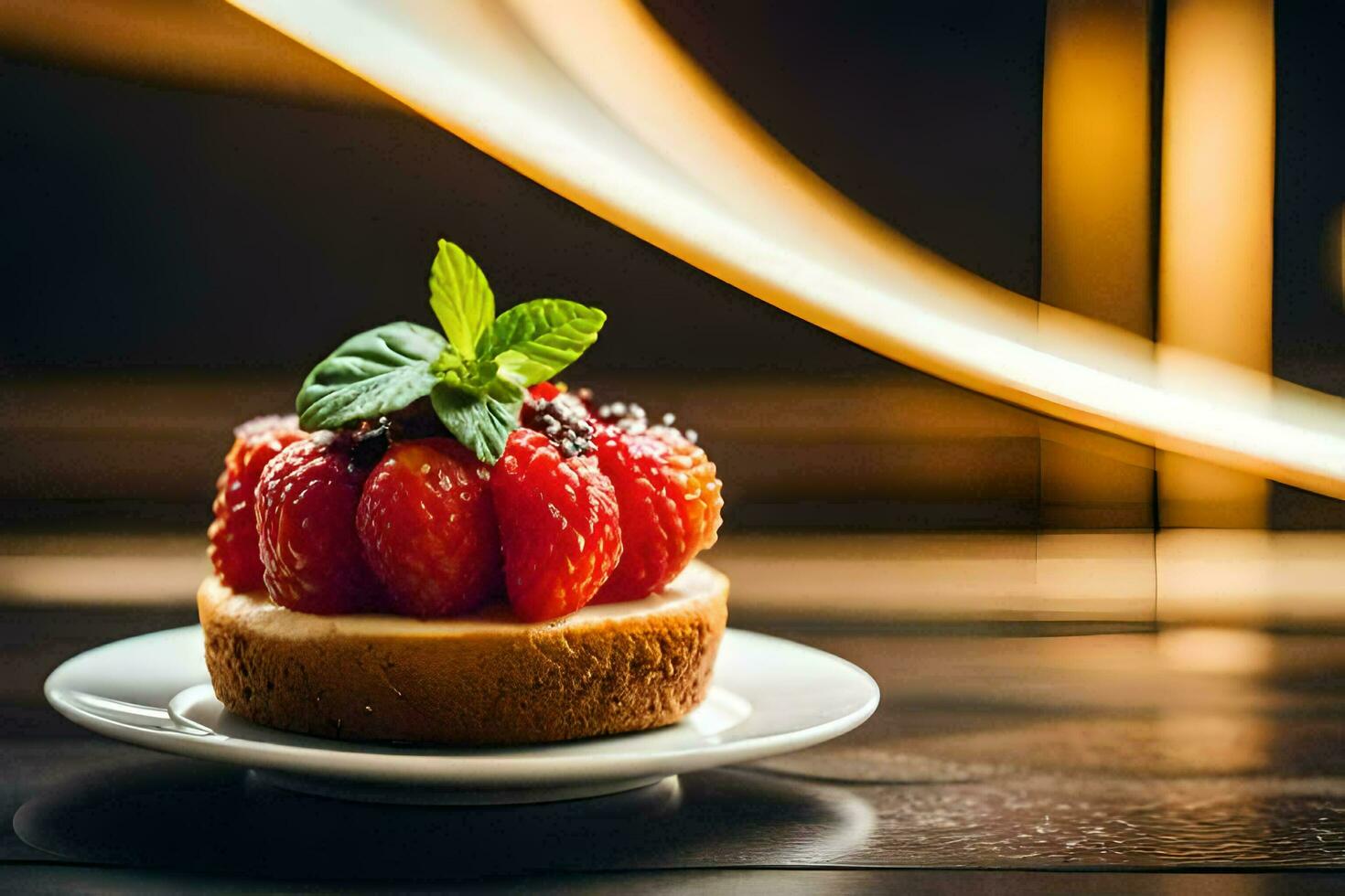 a strawberry cake on a plate with a light background. AI-Generated photo