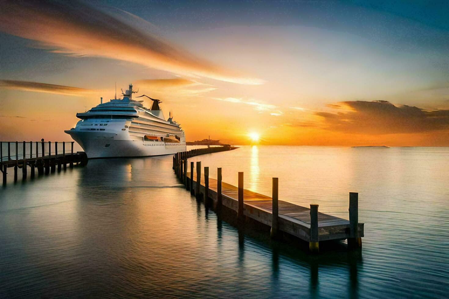 a cruise ship docked at the end of a dock at sunset. AI-Generated photo