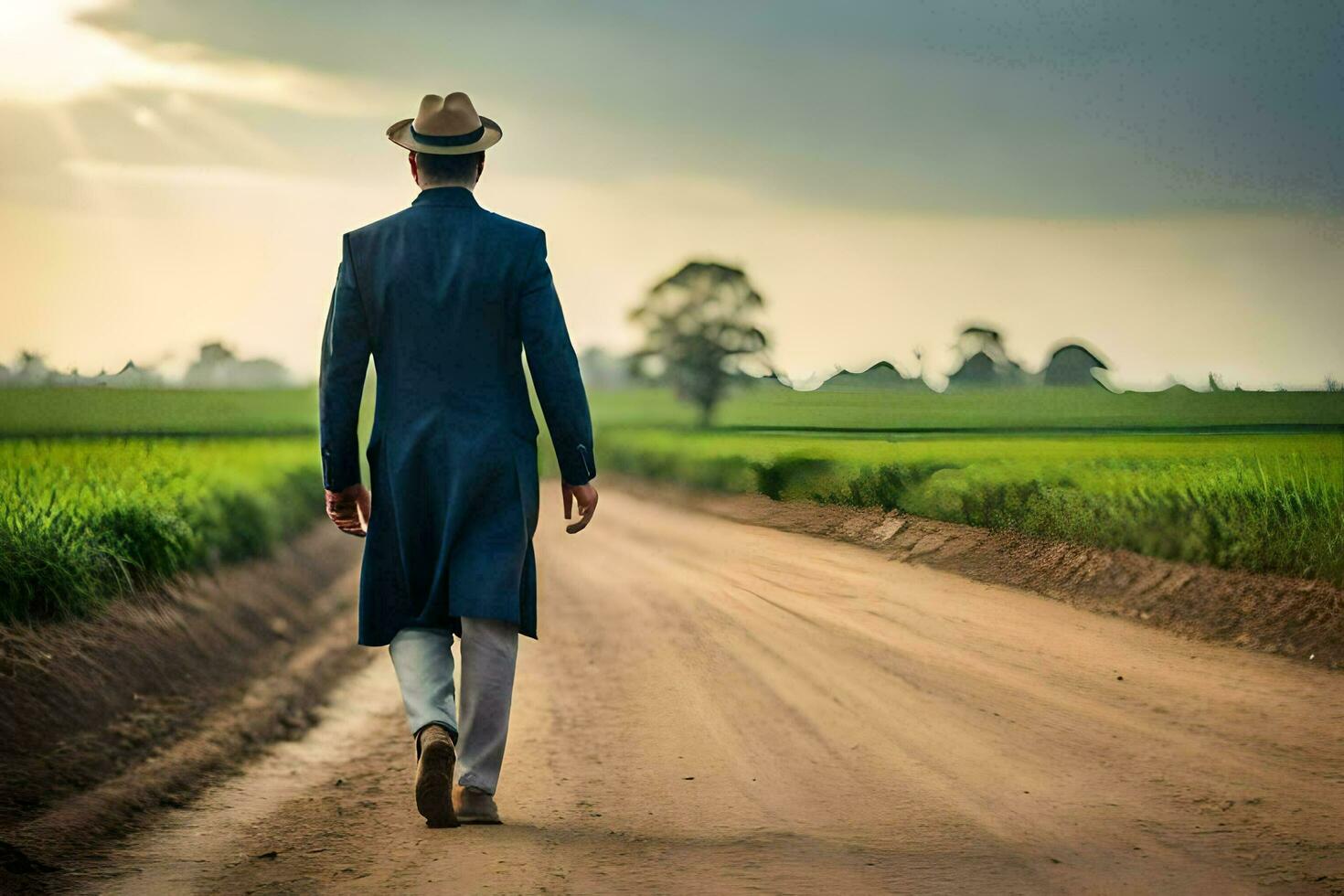 a man in a suit and hat walks down a dirt road. AI-Generated photo