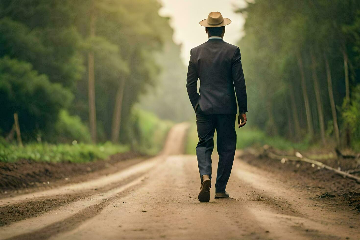 a man in a suit and hat walking down a dirt road. AI-Generated photo