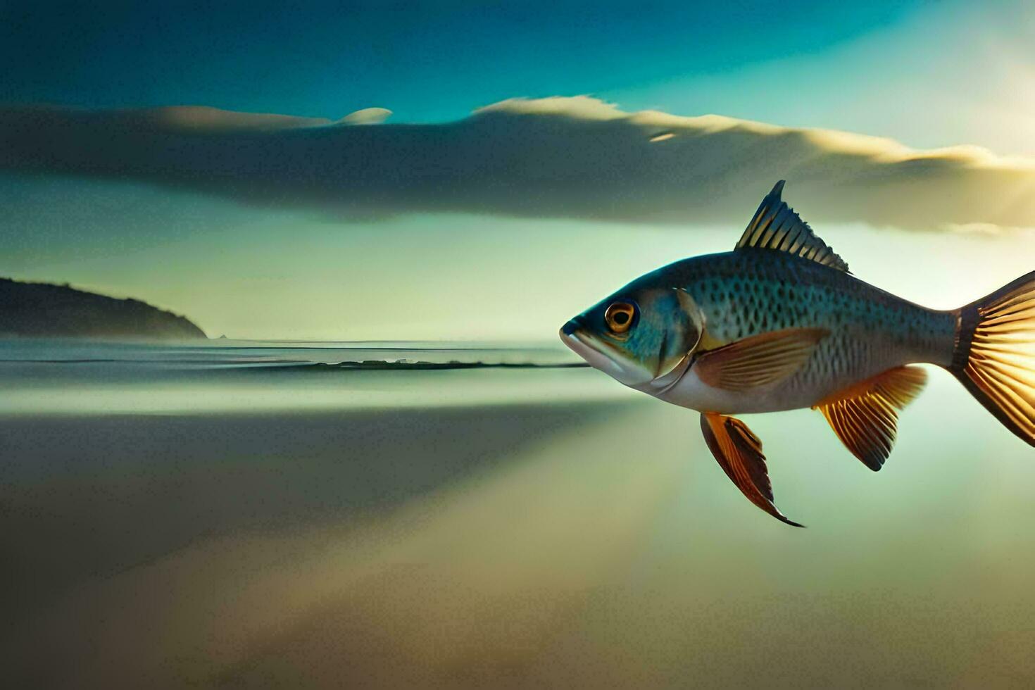 a fish swimming in the ocean at sunset. AI-Generated photo