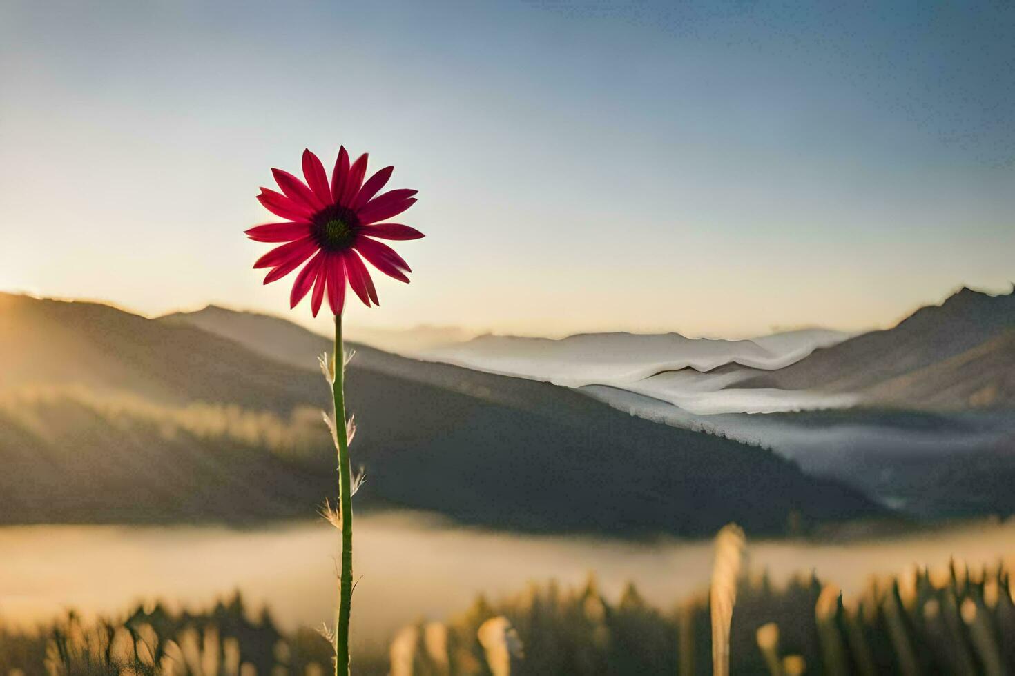 a single red flower stands in front of a mountain range. AI-Generated photo