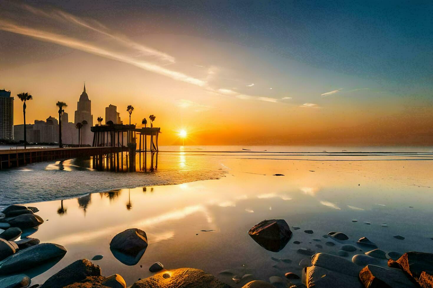 the sun sets over the city skyline and beach. AI-Generated photo