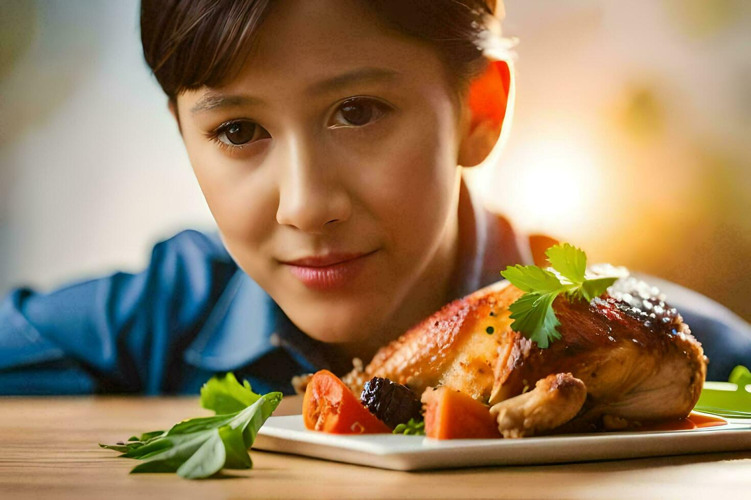 un joven mujer es mirando a el cámara con un plato de alimento. generado por ai foto