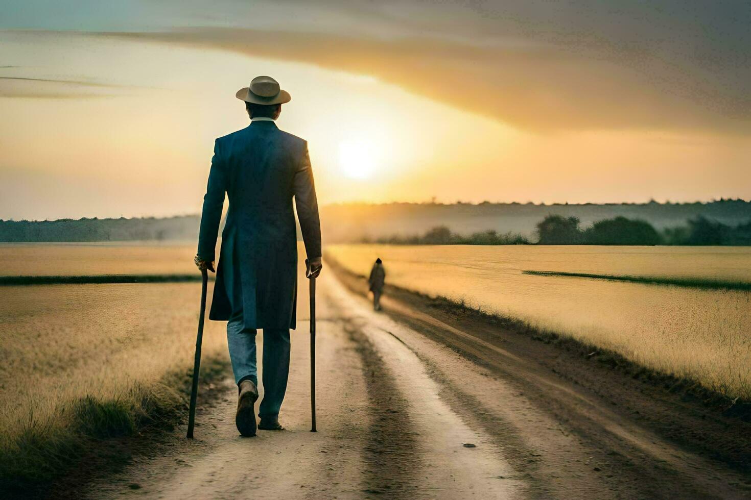 a man in a suit walking down a dirt road. AI-Generated photo