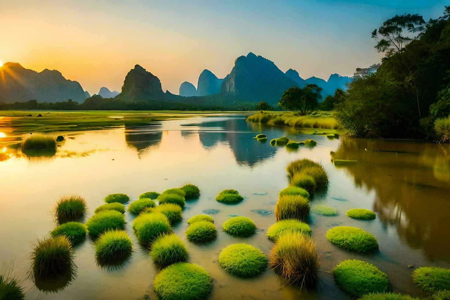 the sun sets over the mountains and river in china. AI-Generated photo