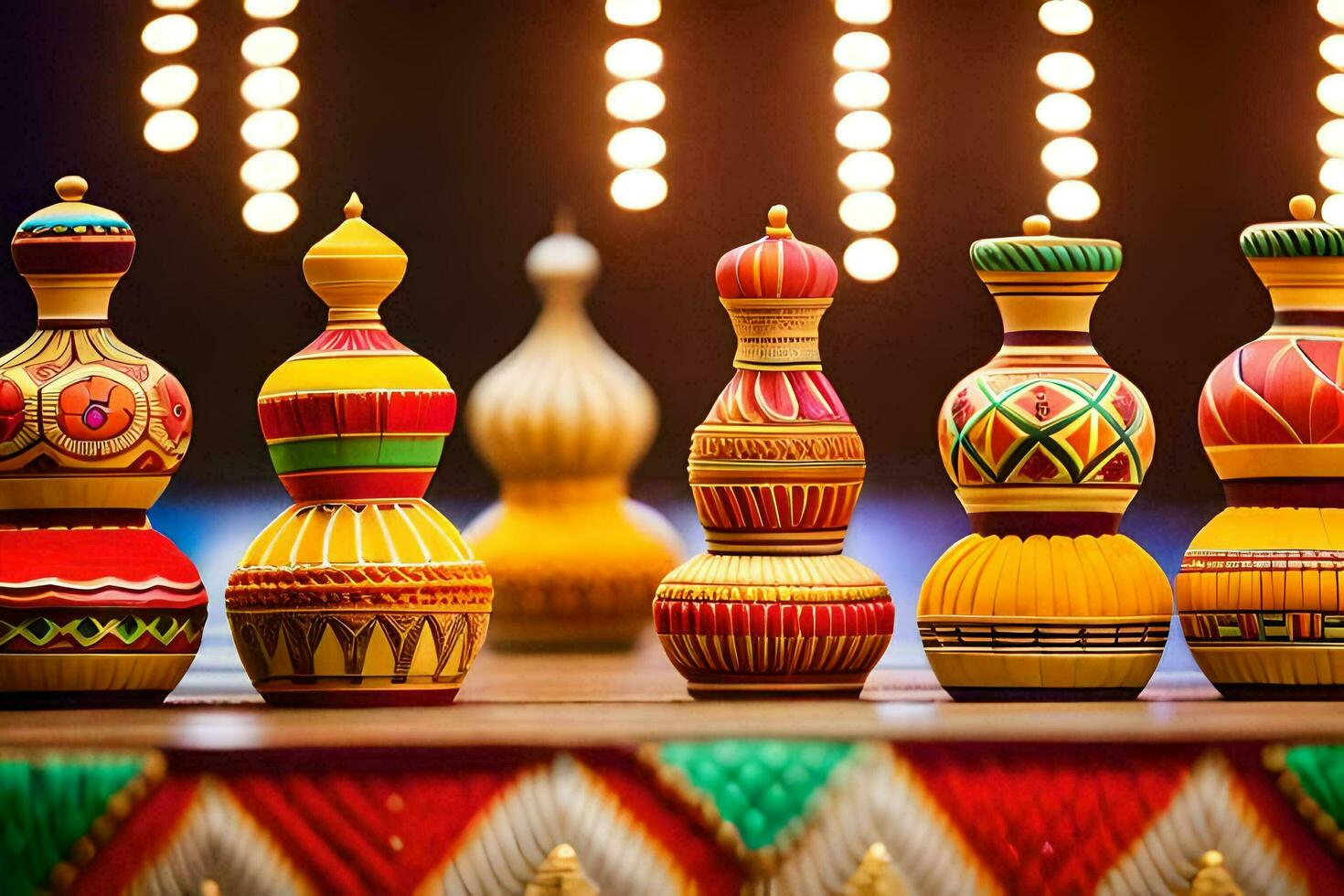 colorful wooden vases on a table. AI-Generated photo