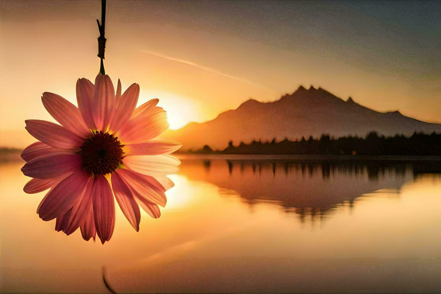 a flower hanging from a tree at sunset. AI-Generated photo