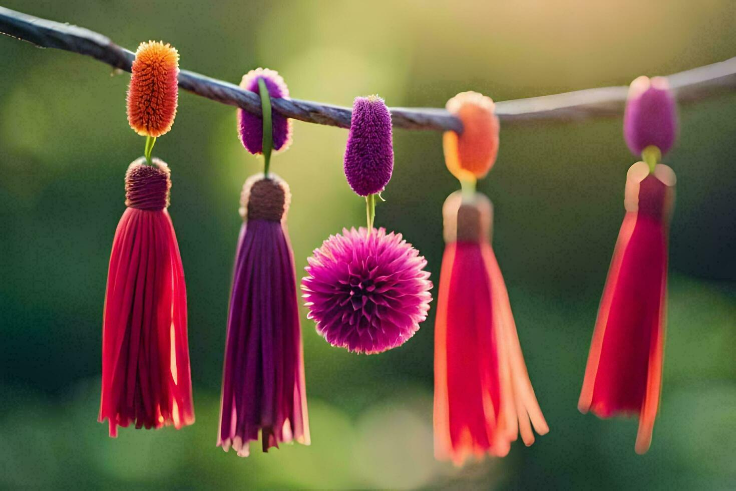 colorful tassels hanging from a branch. AI-Generated photo
