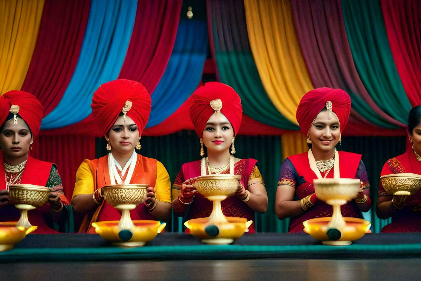 a group of women in colorful turbans holding bowls. AI-Generated photo