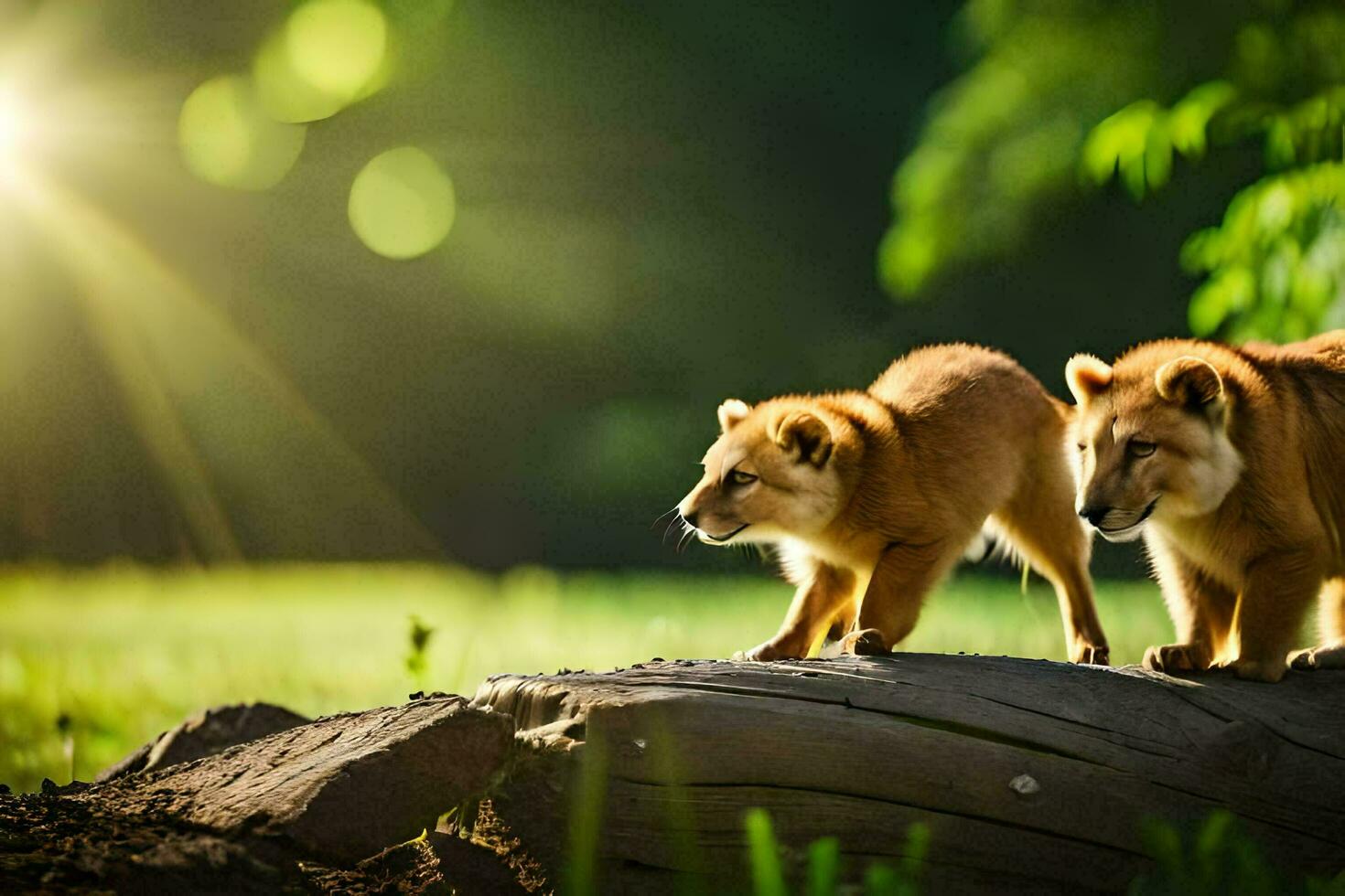 two young lions walking on a log in the sun. AI-Generated photo