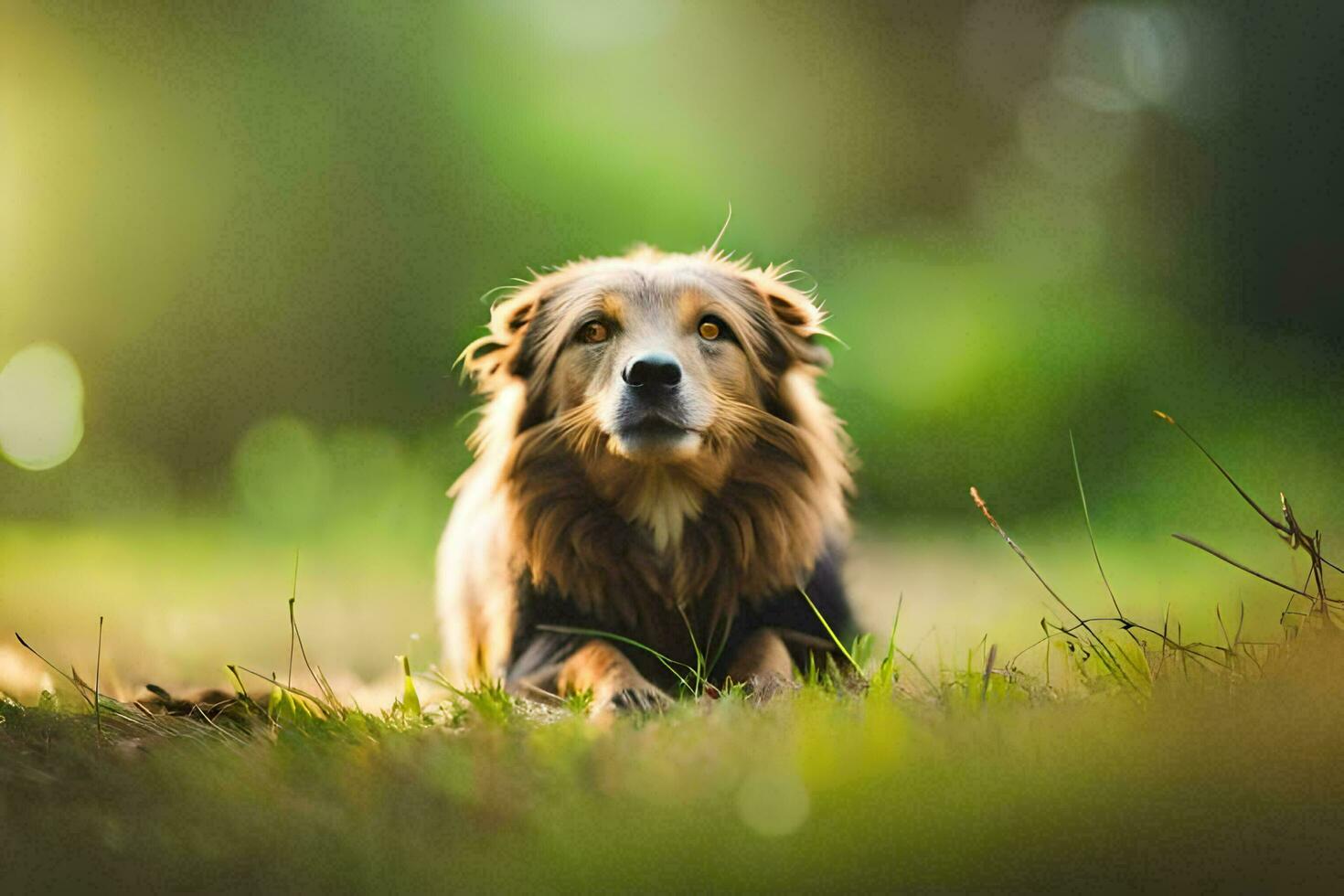 a dog sitting in the grass looking at the camera. AI-Generated photo