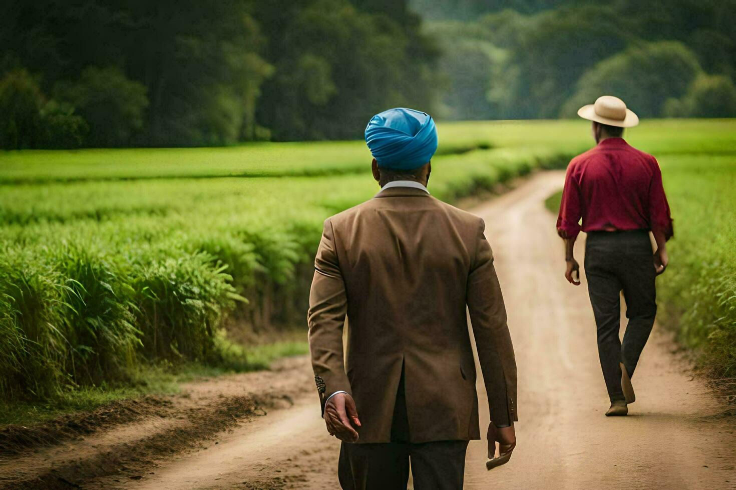 two men in suits walking down a dirt road. AI-Generated photo