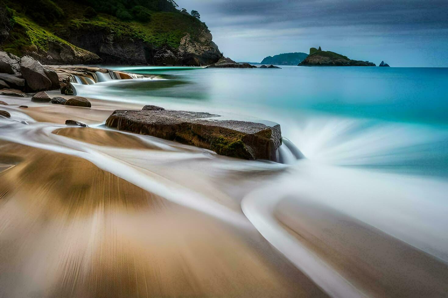 un largo exposición fotografía de olas estrellarse en el playa. generado por ai foto