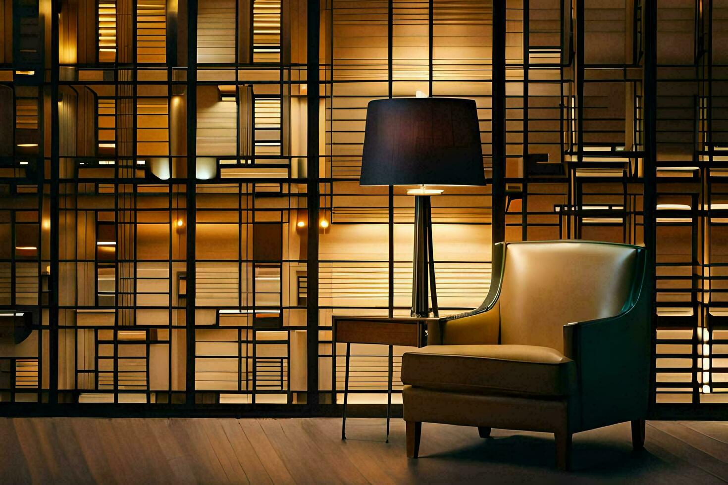 a chair and lamp in front of a wall of glass. AI-Generated photo