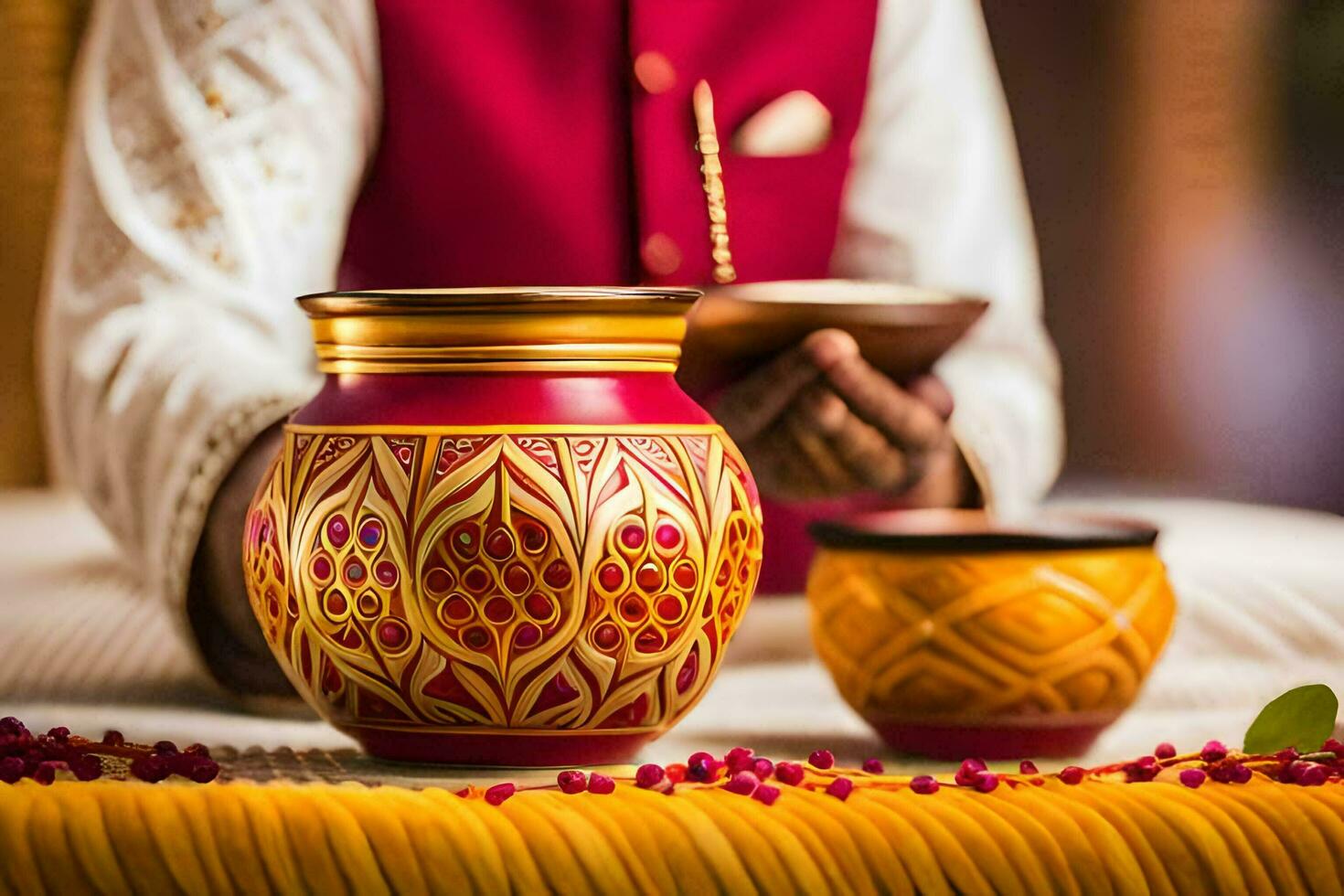 a man in an indian outfit is holding a vase. AI-Generated photo