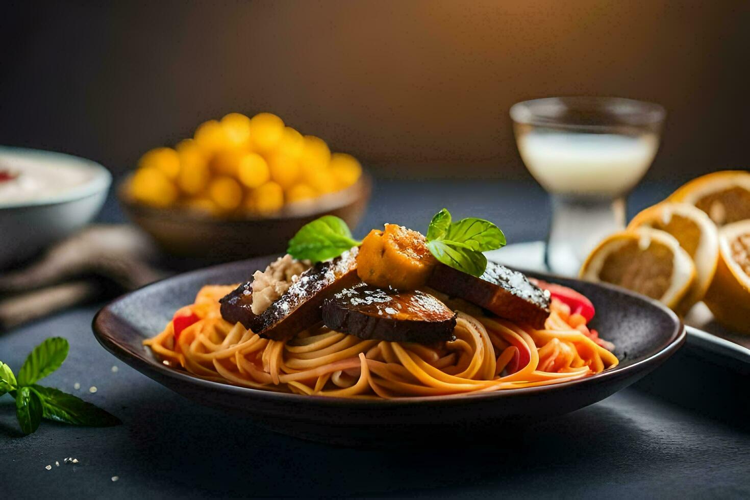 a plate of pasta with meat and vegetables. AI-Generated photo