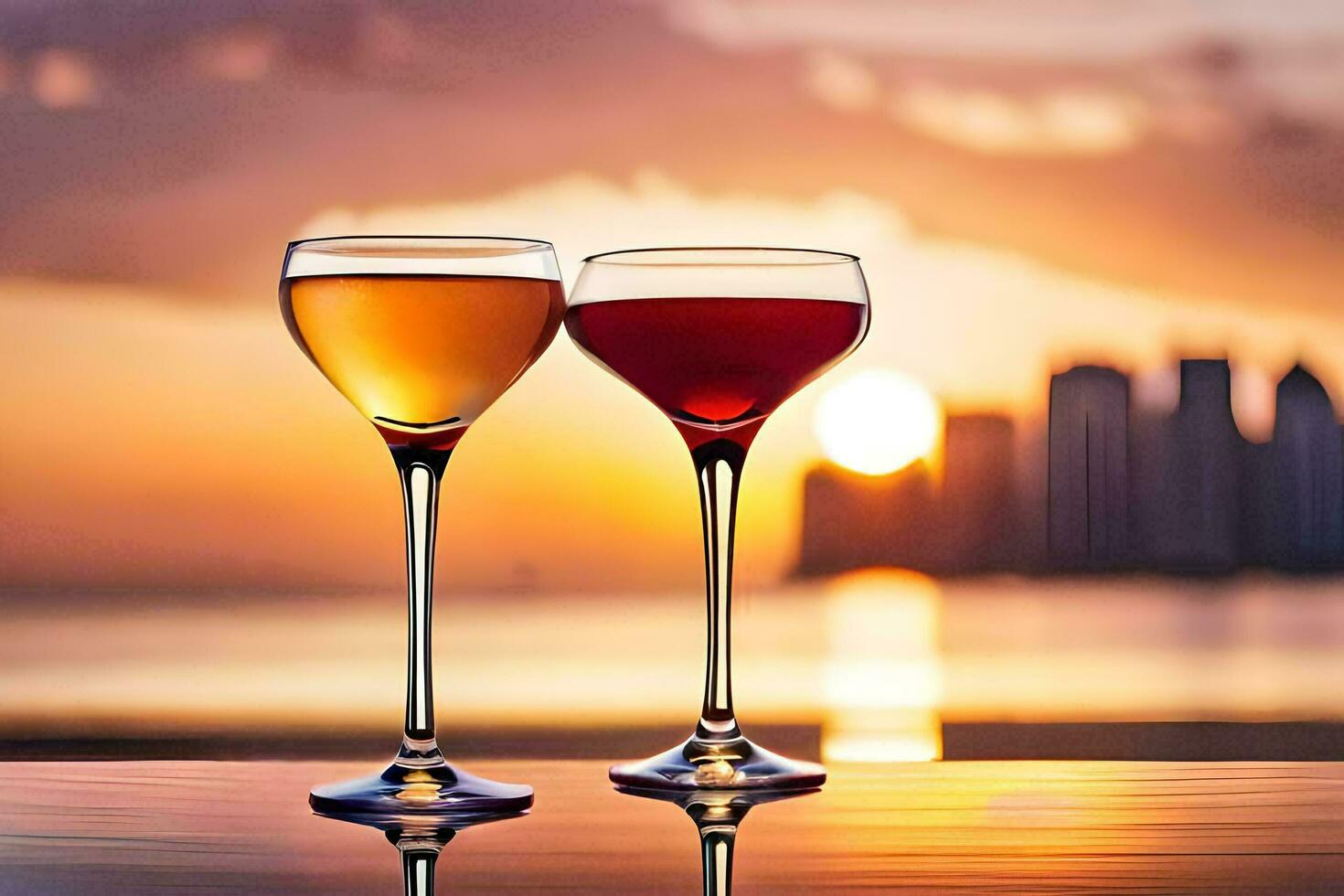 two glasses of wine are sitting on a table with the sunset in the background. AI-Generated photo