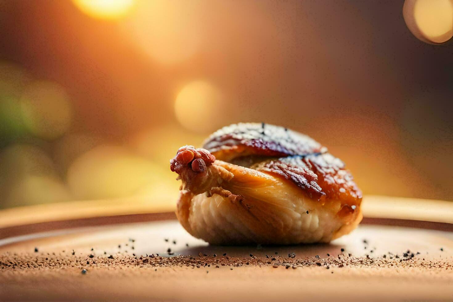 a chicken on a plate with a blurry background. AI-Generated photo