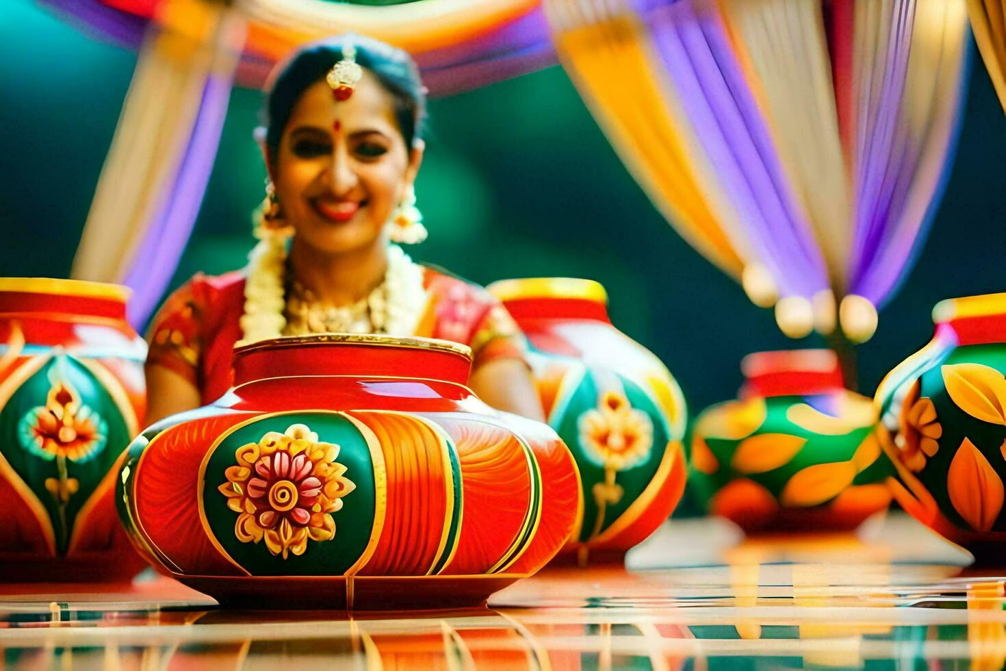 a woman in traditional indian dress sits in front of colorful pots. AI-Generated photo