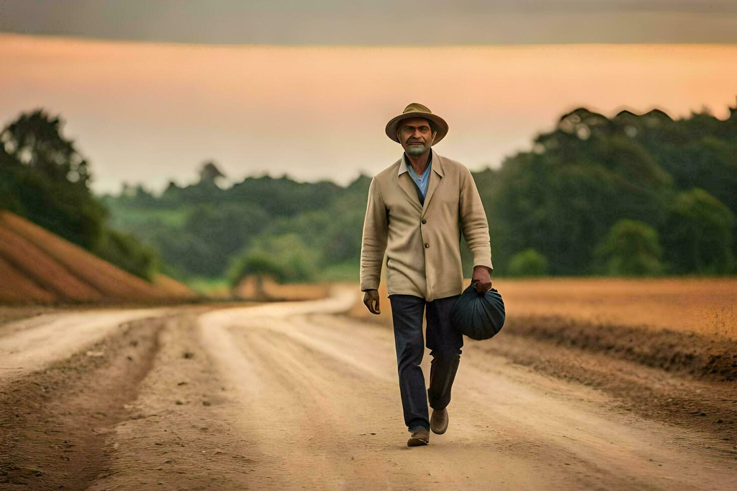 a man in a hat and coat walking down a dirt road. AI-Generated photo