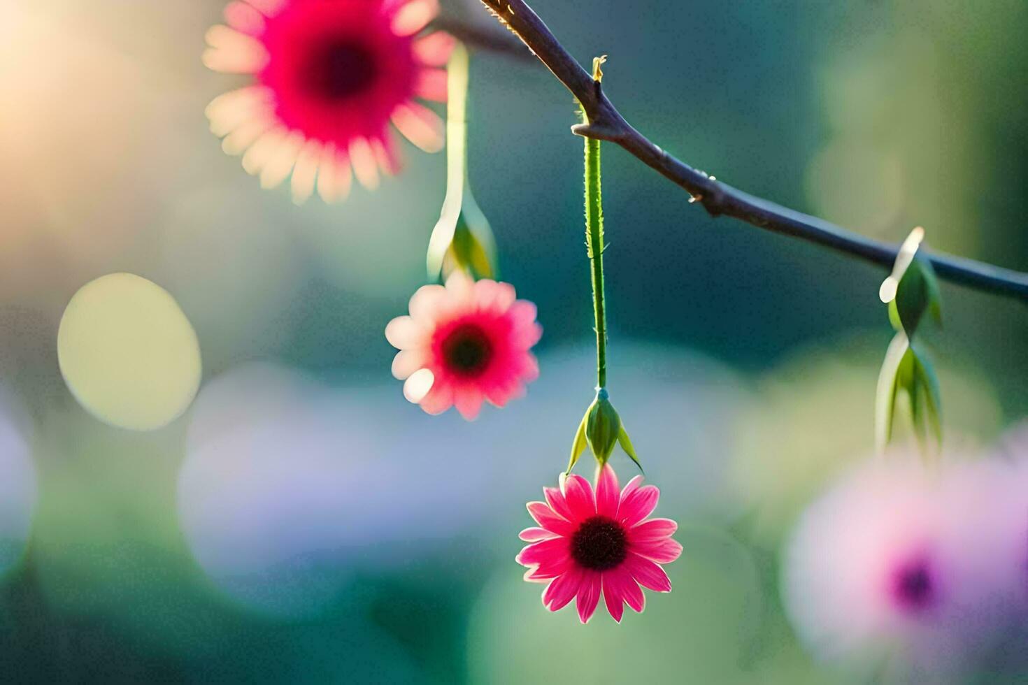 pink flowers hanging from a branch in the sun. AI-Generated photo