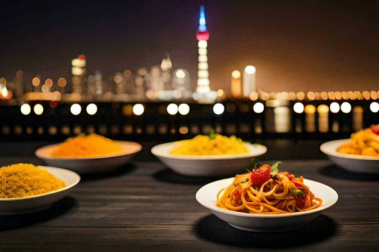 bowls of pasta with city skyline in the background. AI-Generated photo