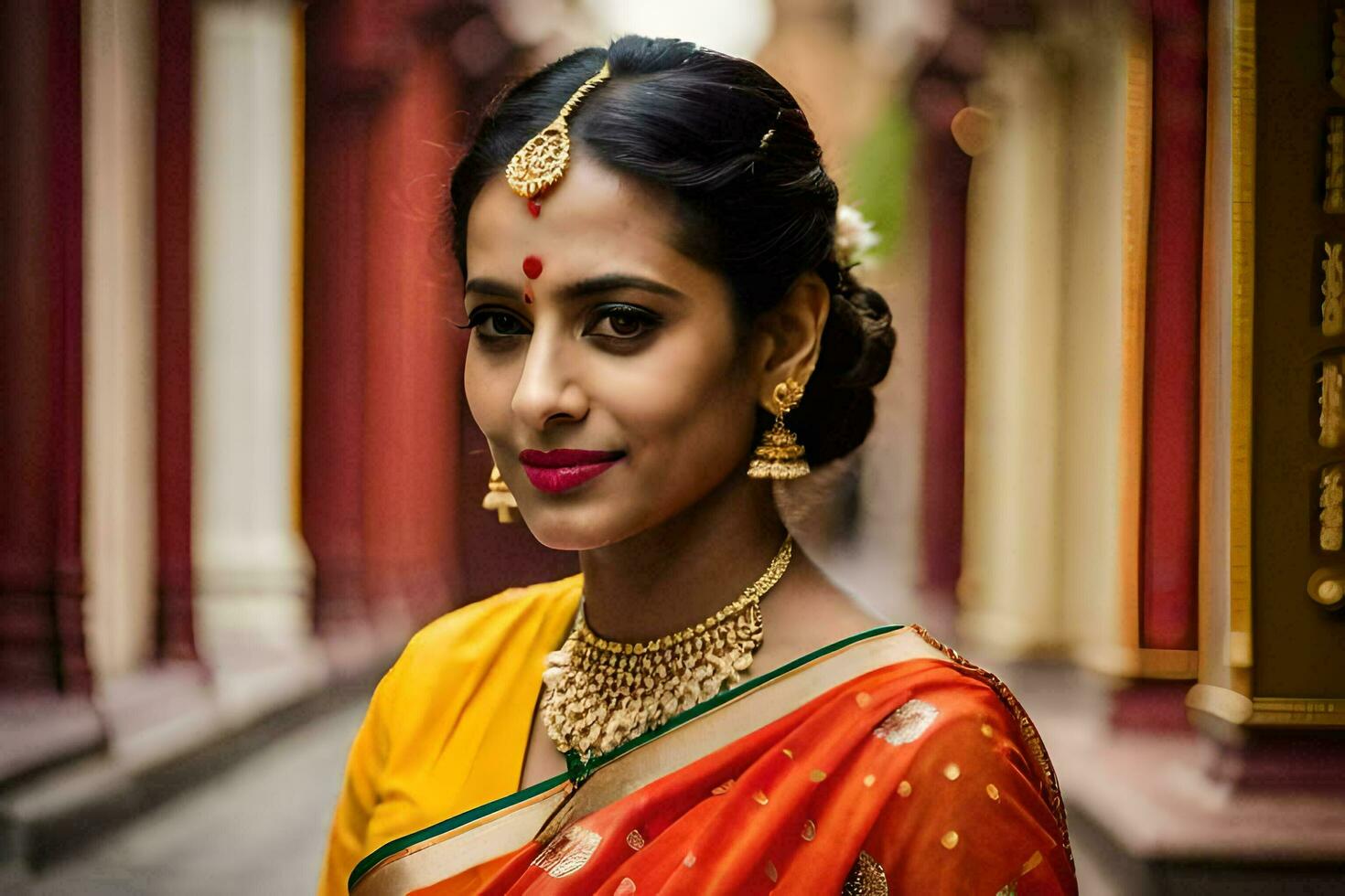 beautiful indian bride in orange sari. AI-Generated photo