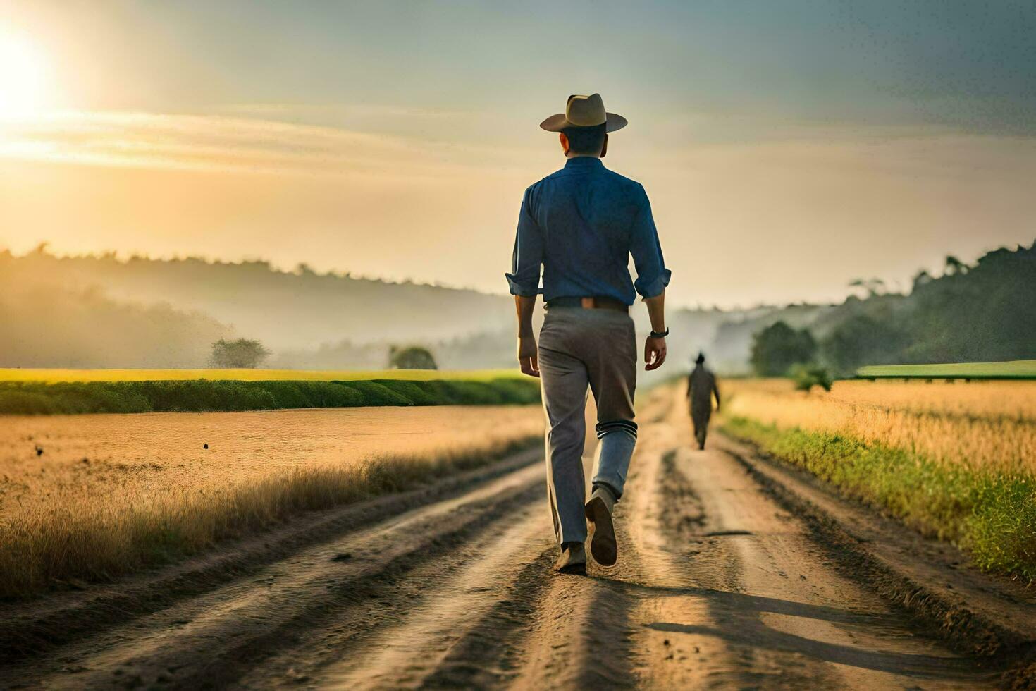 a man in a cowboy hat walking down a dirt road. AI-Generated photo