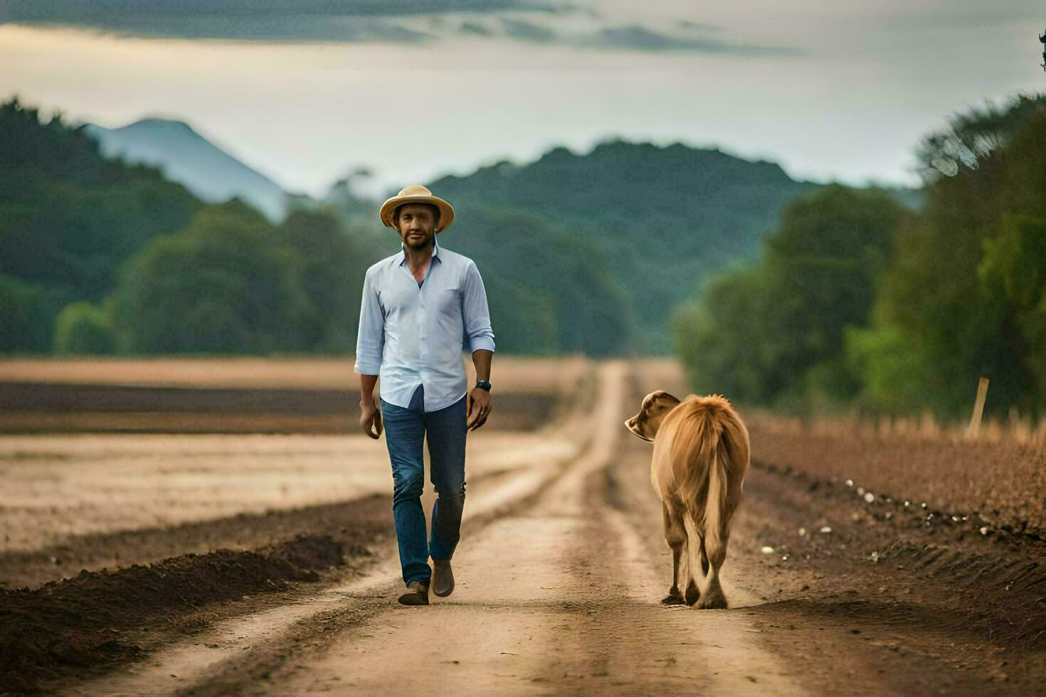 un hombre caminando con un vaca en un suciedad la carretera. generado por ai foto