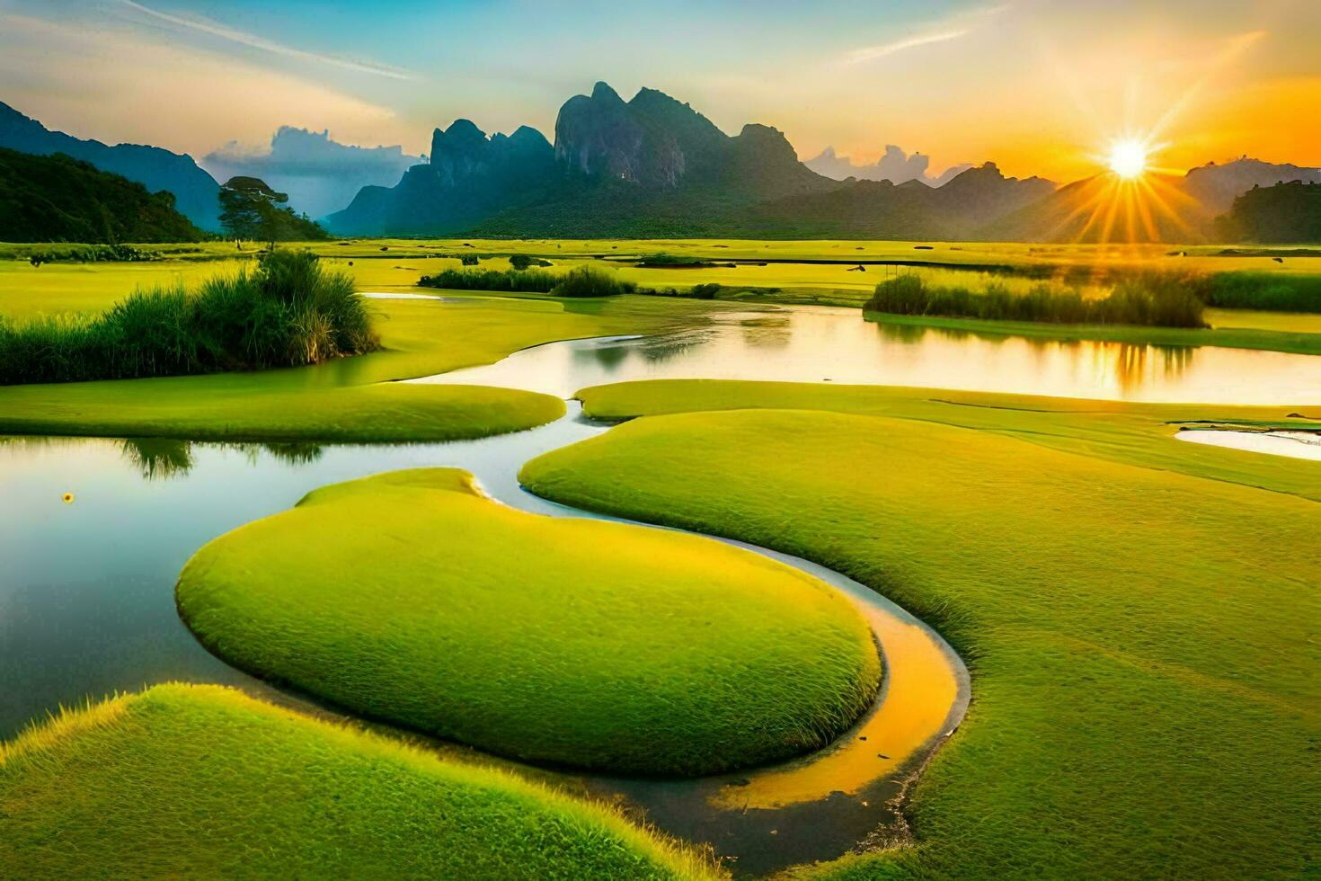 the sun rises over a river and grassy field. AI-Generated photo