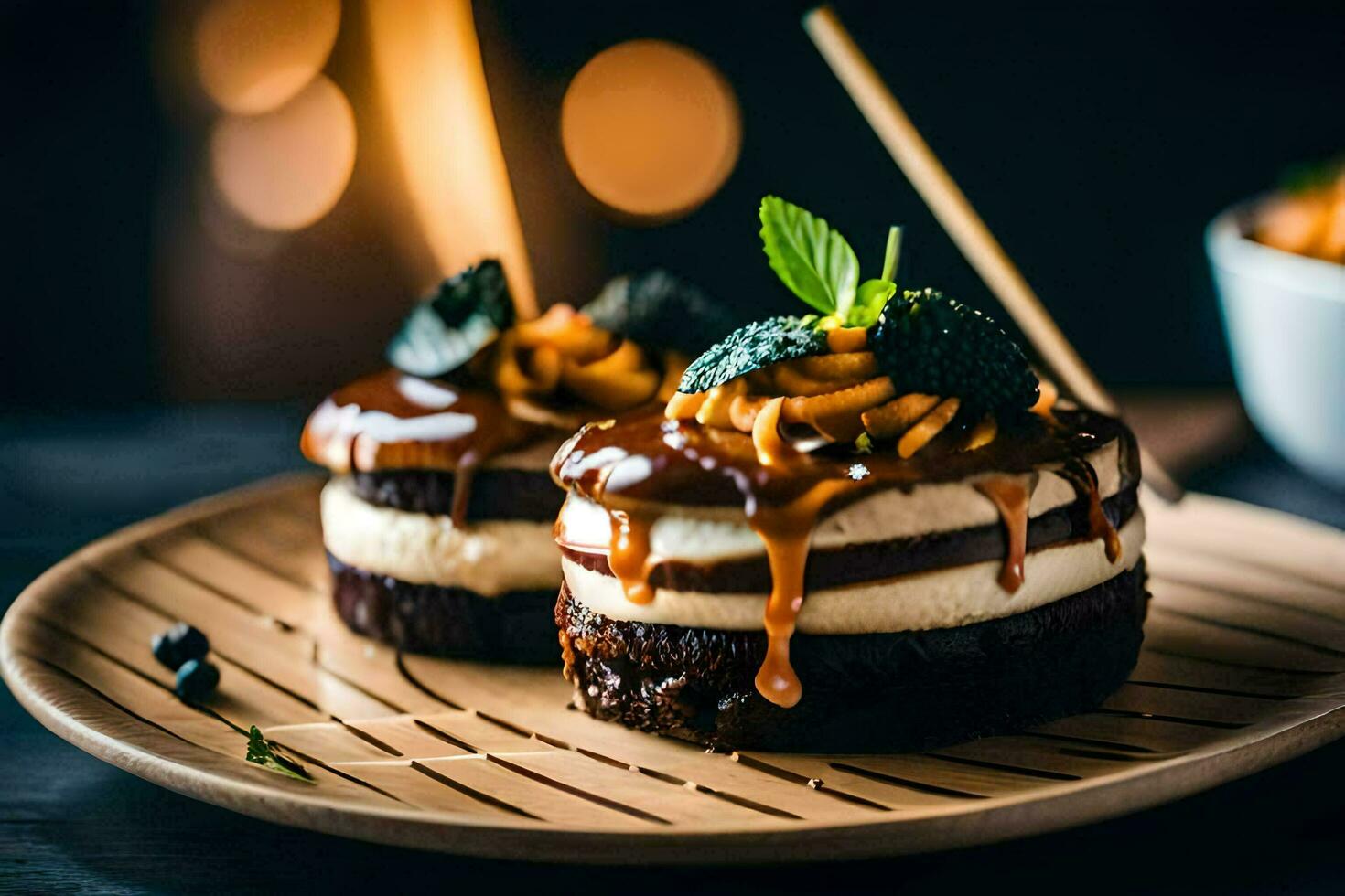 two chocolate cakes with caramel sauce and mint leaves. AI-Generated photo