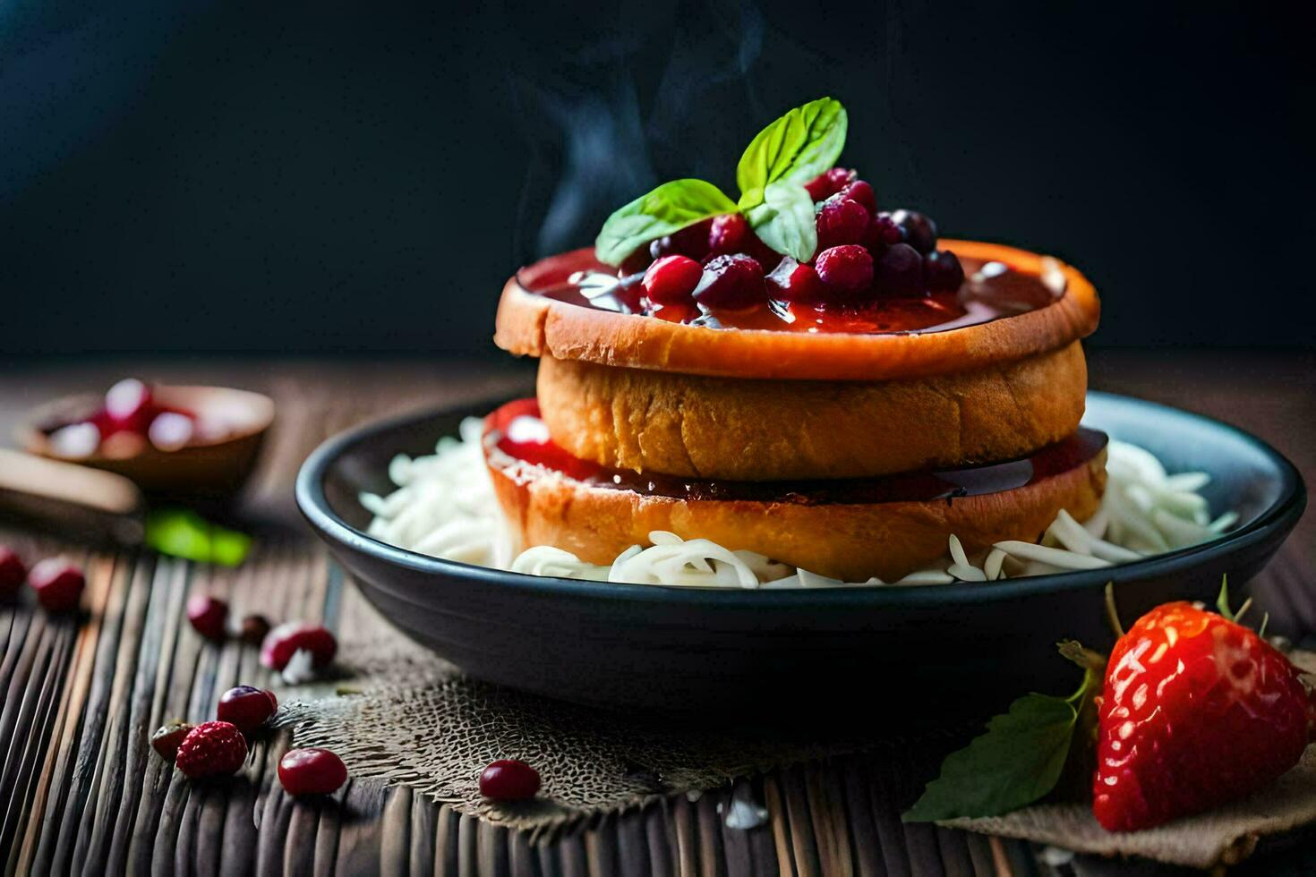a plate with strawberries and cranberry sauce. AI-Generated photo