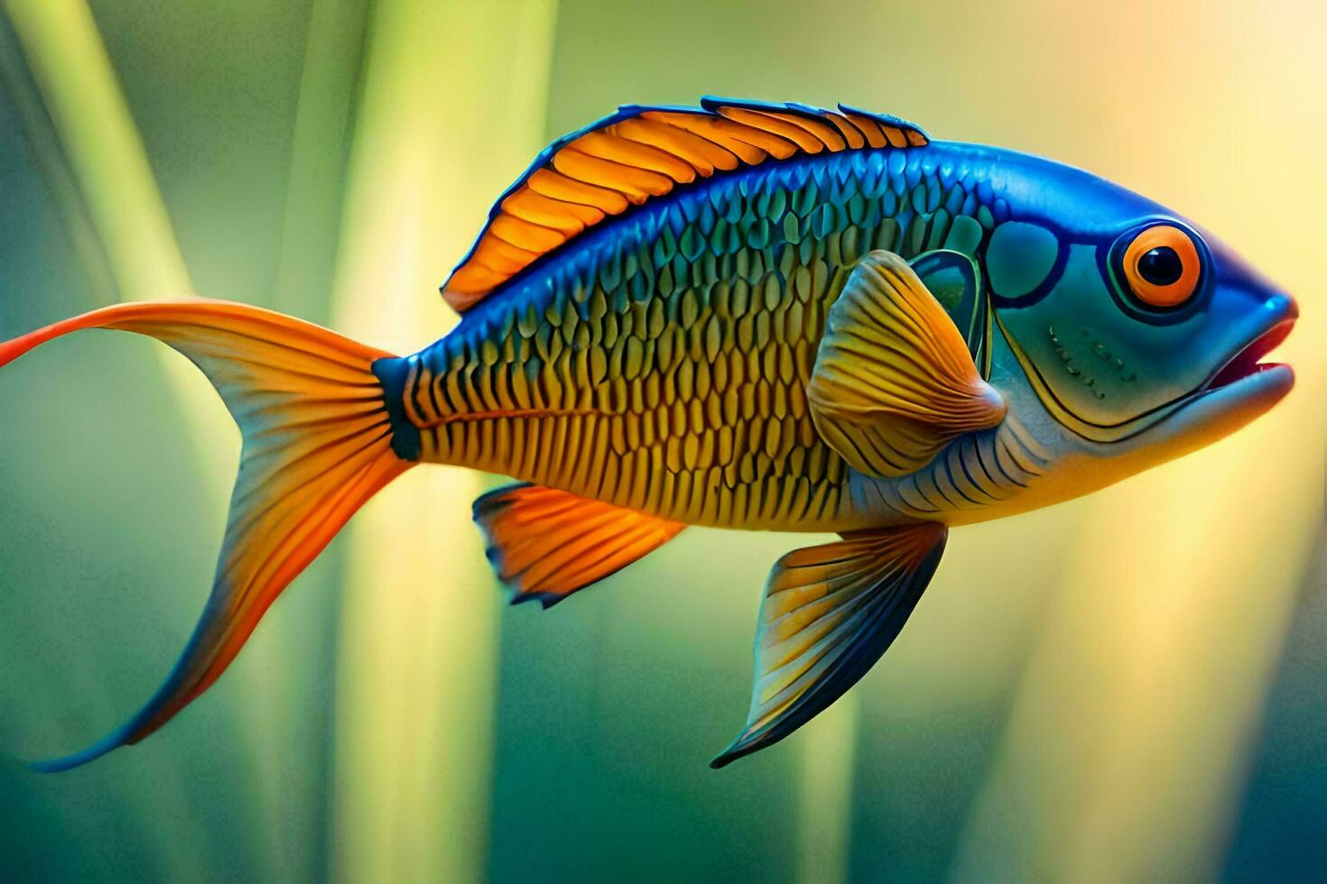 a colorful fish with a long tail swimming in the water. AI-Generated photo