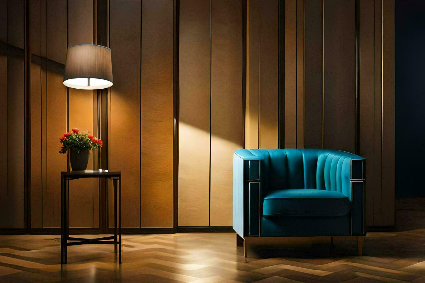 a blue chair and lamp in a room with wood paneling. AI-Generated photo