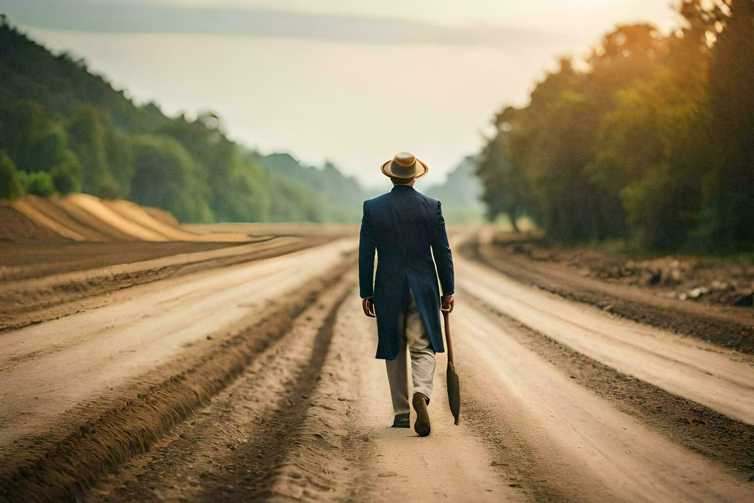 a man in a suit and hat walking down a dirt road. AI-Generated photo